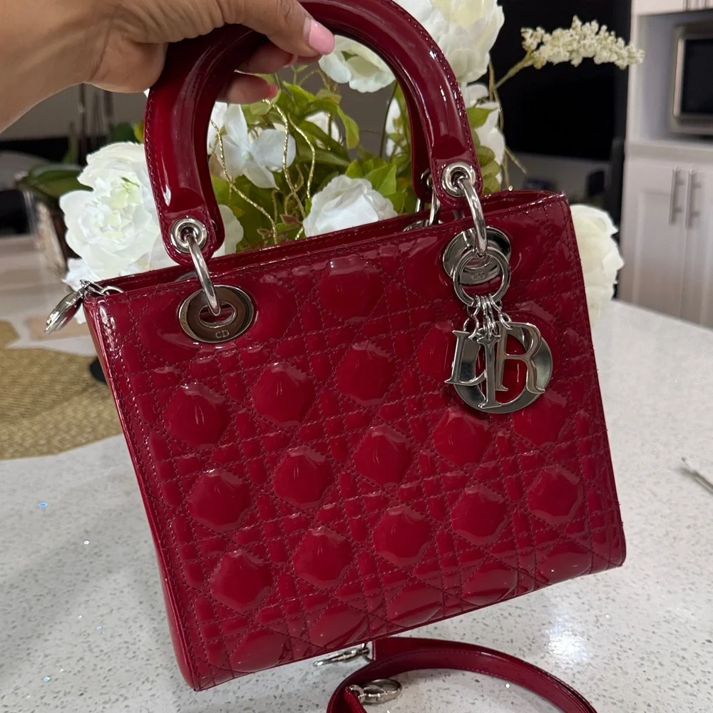 ❤️Dior Red Patent Quilted Lady Dior Satchel with Silver Hardware
